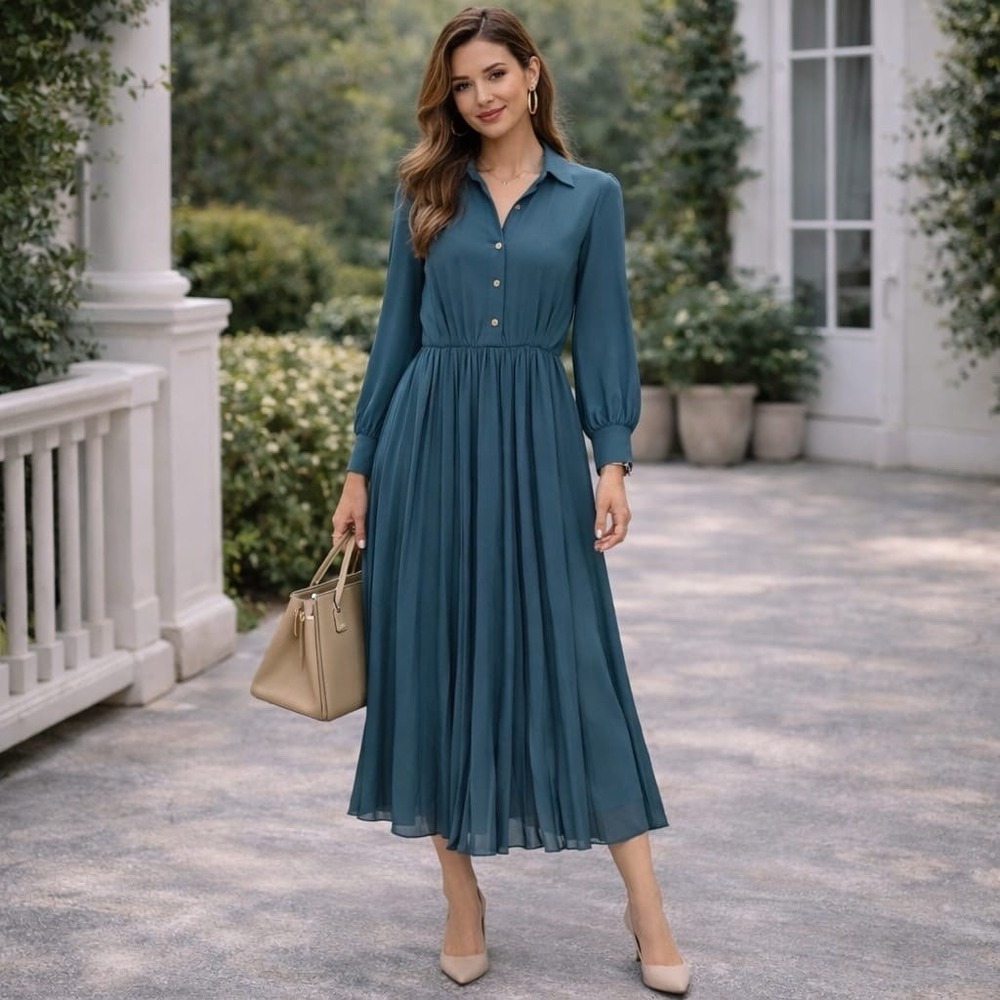 ZARA Women's Midi Dress SMALL Pleated Green Sheer Long Sleeve Collared V-neck